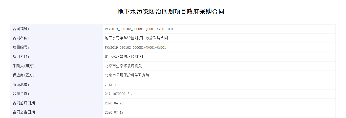 合同公告截图_水源涵养区地下水调查评估及管控对策项目合同