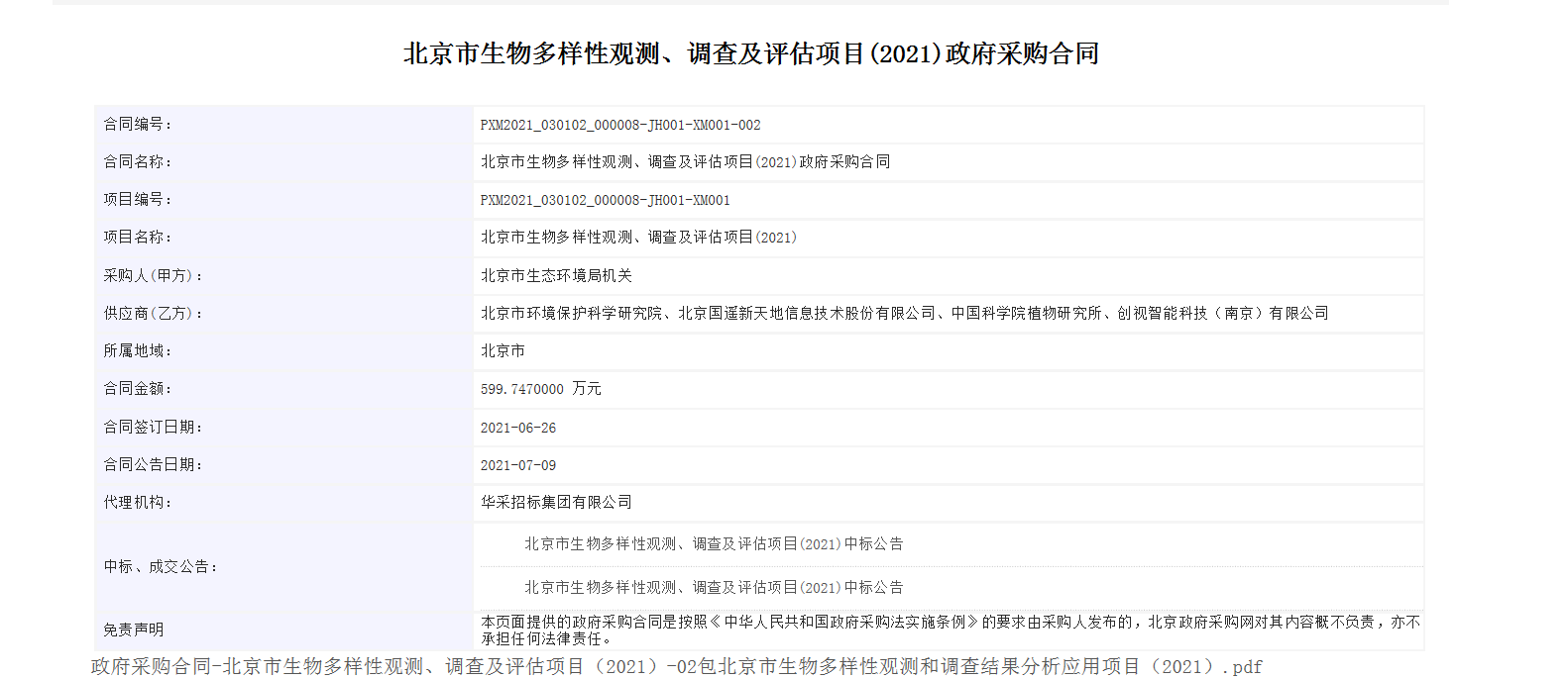 合同公告截图-北京市生物多样性观测、调查及评估项目（2021）-02包