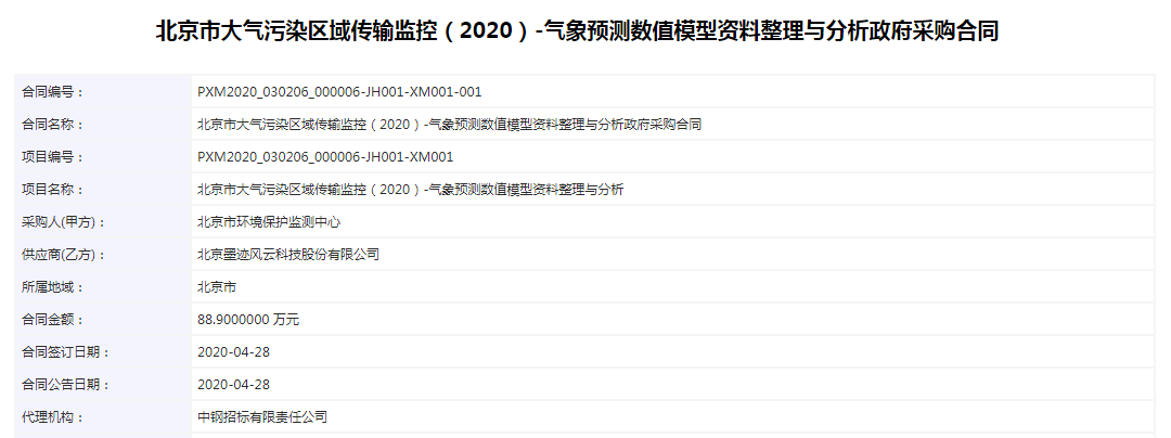 北京市大气污染区域传输监控（2020）-气象预测数值模型资料整理与分析政府采购合同