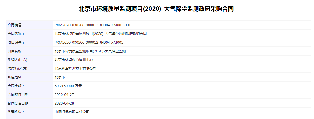 北京市环境质量监测项目(2020)-大气降尘监测政府采购合同