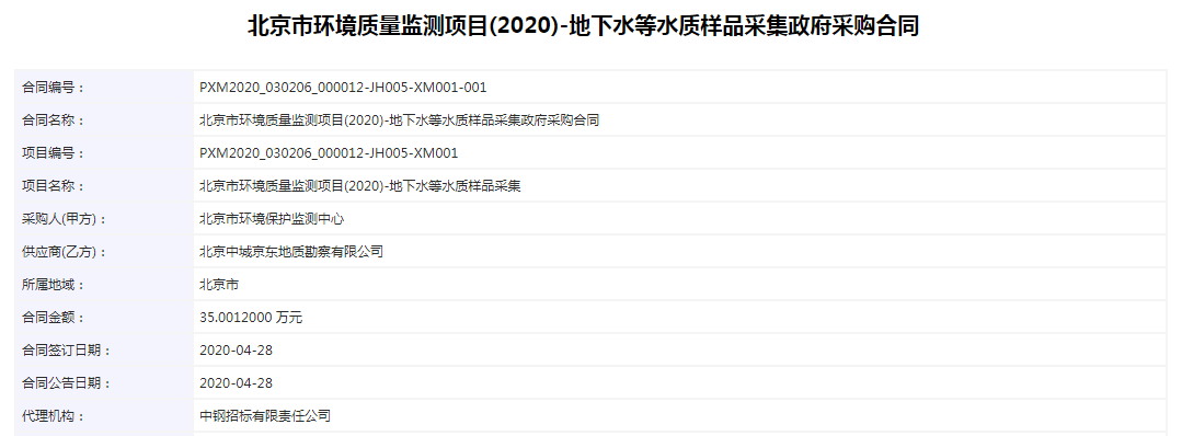 北京市环境质量监测项目（2020）-地下水等水质样品采集政府采购合同