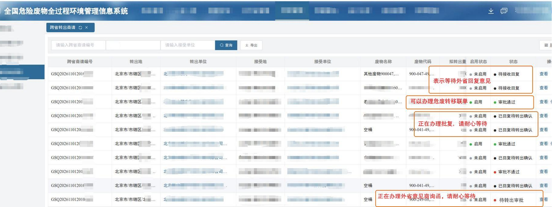 全国危险废物全过程环境管理信息系统进度查看示意图